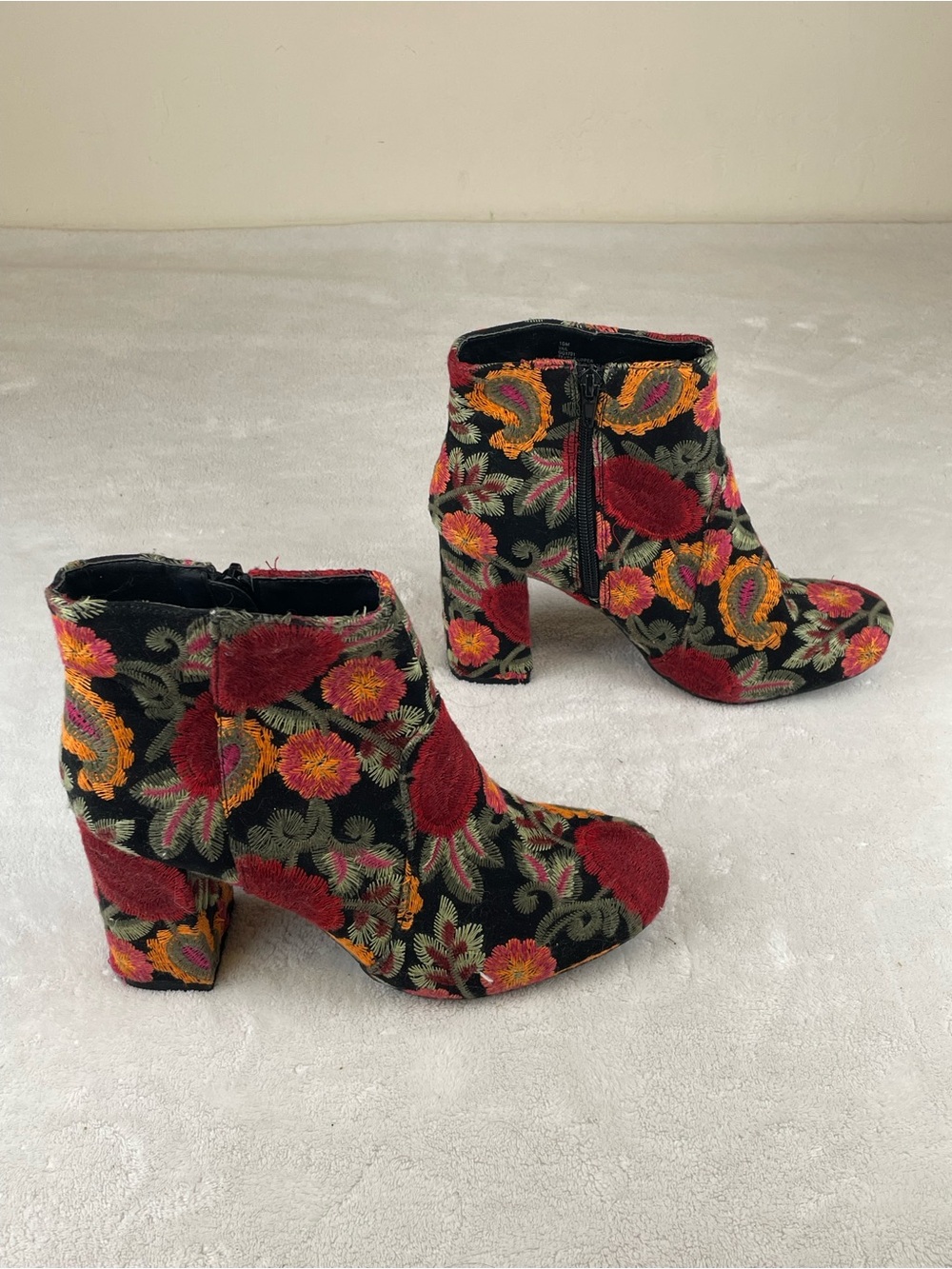 MIA Black Embroidered Floral Ankle Boots with Red & Orange Accents